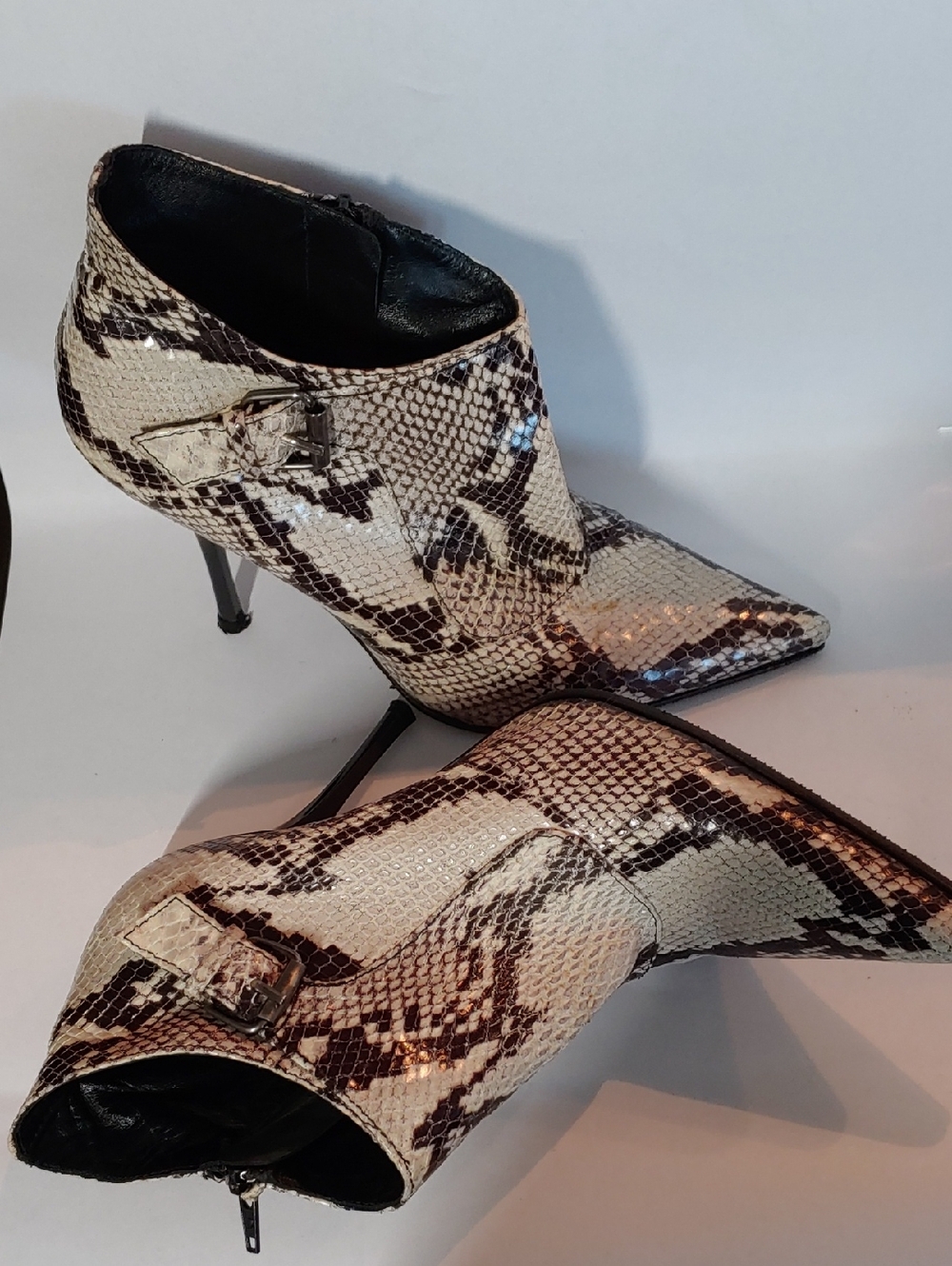 Charles David Cream and Brown Snake-Print Pointed Toe Ankle Booties